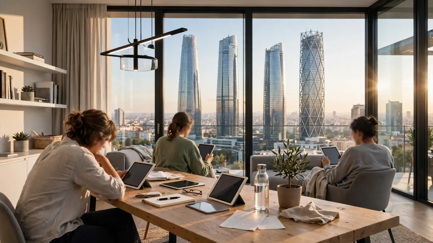 Centro financiero moderno en Madrid con las Cuatro Torres y personas estudiando con tabletas bajo luz mediterránea