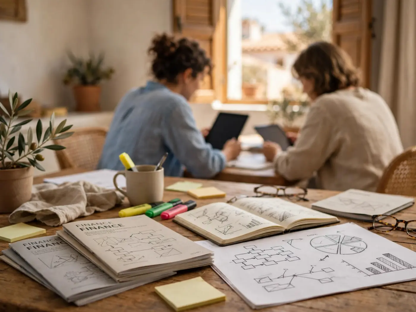 Materiales educativos de finanzas sobre un escritorio con guías impresas, cuaderno con diagramas y marcadores