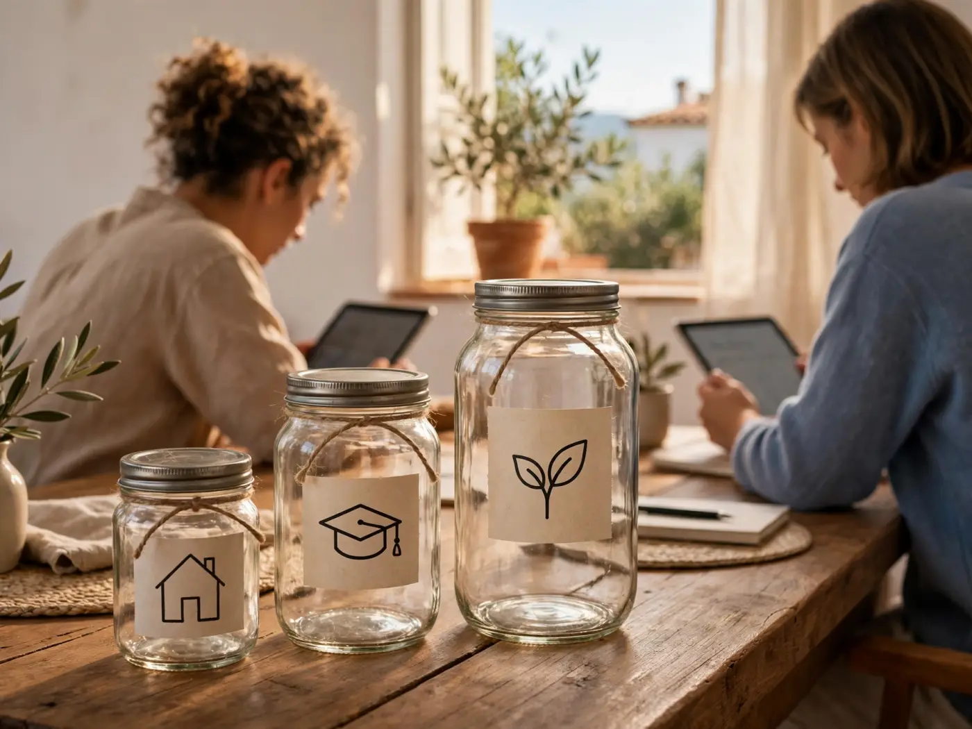 Concepto de planificación del ahorro con tarros de distintos tamaños etiquetados con iconos, sin dinero visible