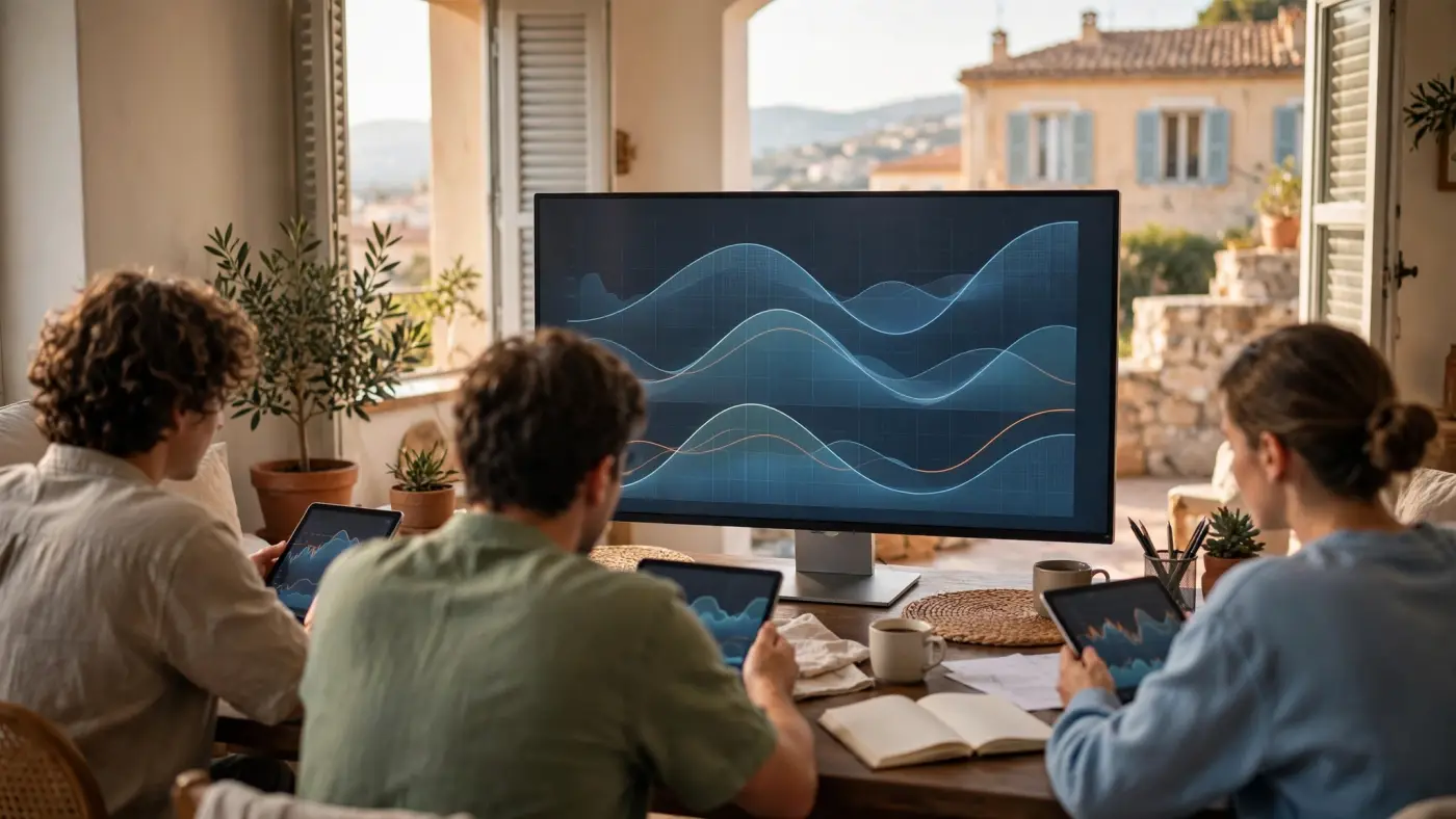 Gráficos de mercados financieros europeos en un monitor grande con curvas de índices abstractas